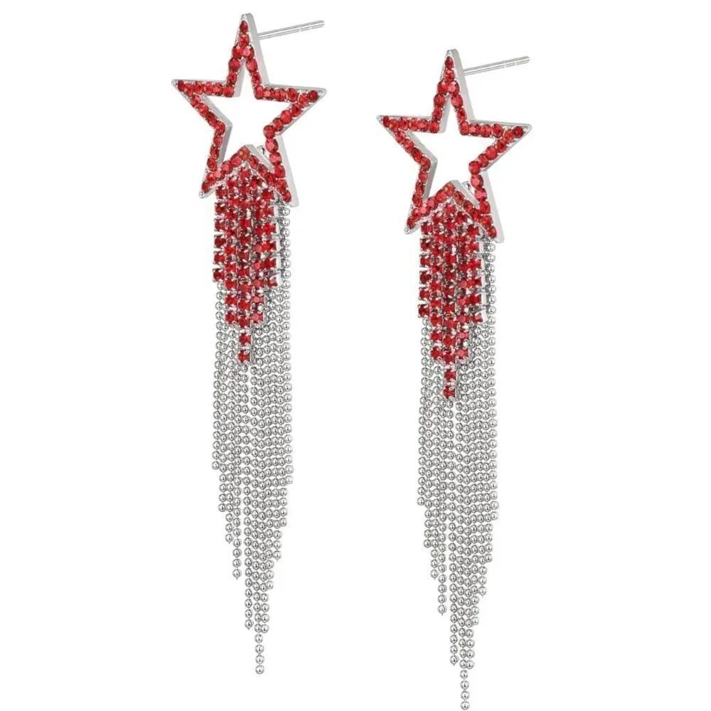 Silver with Ruby Red Crystal Star Beaded Tassel Post Back Dangling Drop Earrings